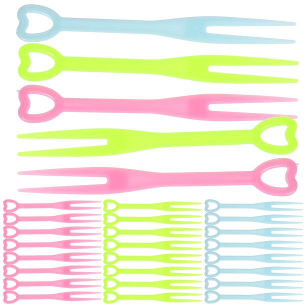 200 Uds. Tenedor de plástico desechable transparente colorido pastel de frutas postre forma de corazón para fiesta de cumpleaños boda (azul + verde + rosa)