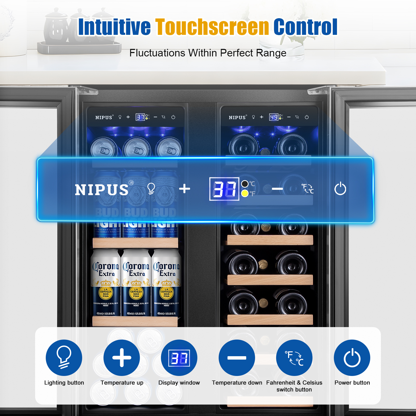 TITTLA 24 inch Wine and Beverage Refrigerator,Dual Zone 21 Bottles and 80 Cans,Built in,Silver