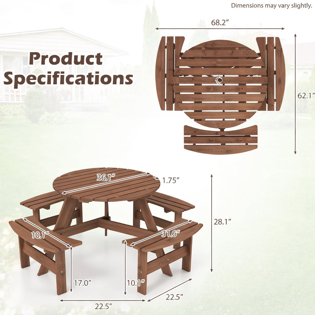 Hommoo 6-Person Round Outdoor Picnic Table Set with 3 Built-in Benches, Umbrella Hole & Weather-Resistant Fir Wood, Brown