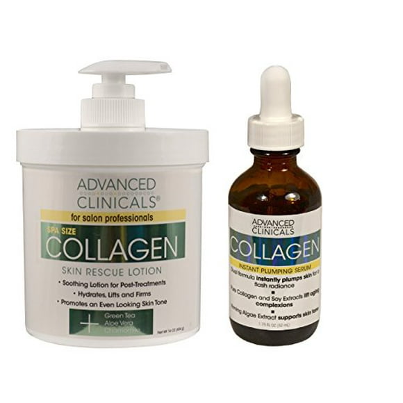 Advanced Clinicals 2 Piece Anti-aging Skin Care set with collagen. 16oz Spa Size Collagen Lotion And 1.75oz Collagen Instant Plumping Serum To Hydrate, Moisturize, Firm, Dry, Cracked Skin.
