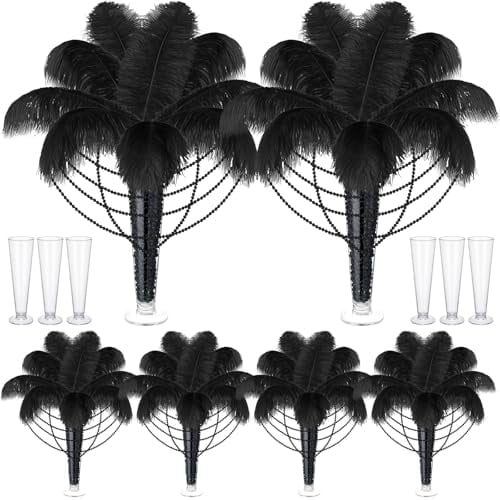 6 Sets Wedding Table Centerpiece Accessories Including 159 Pieces Natural Ostrich Feather Bulk Plastic Vases and Beads Necklaces for Wedding Home Party Centerpiece Supplies(Black)
