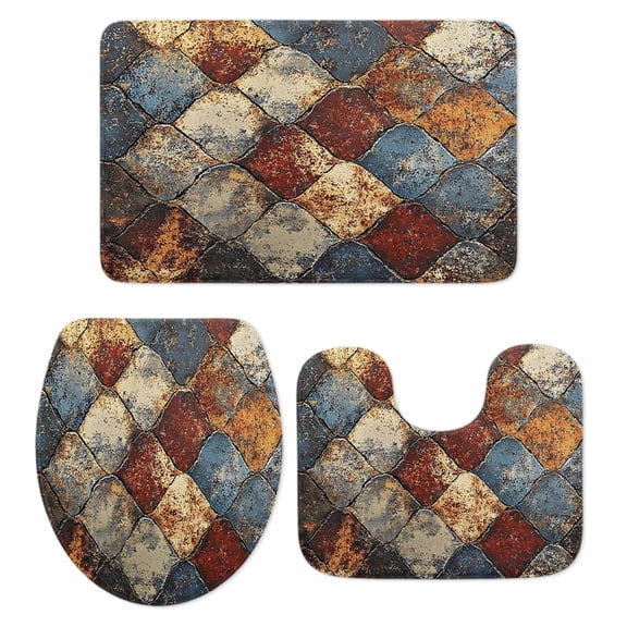 Rust Block Bathroom Rugs Set Blue Brown Mottled Texture Distressed Vintage Non Slip Absorbent Soft Bath Mats 3 Piece Set with Bathroom Rug, U-Shaped Floor Mat, Toilet Seat Cover Small Size