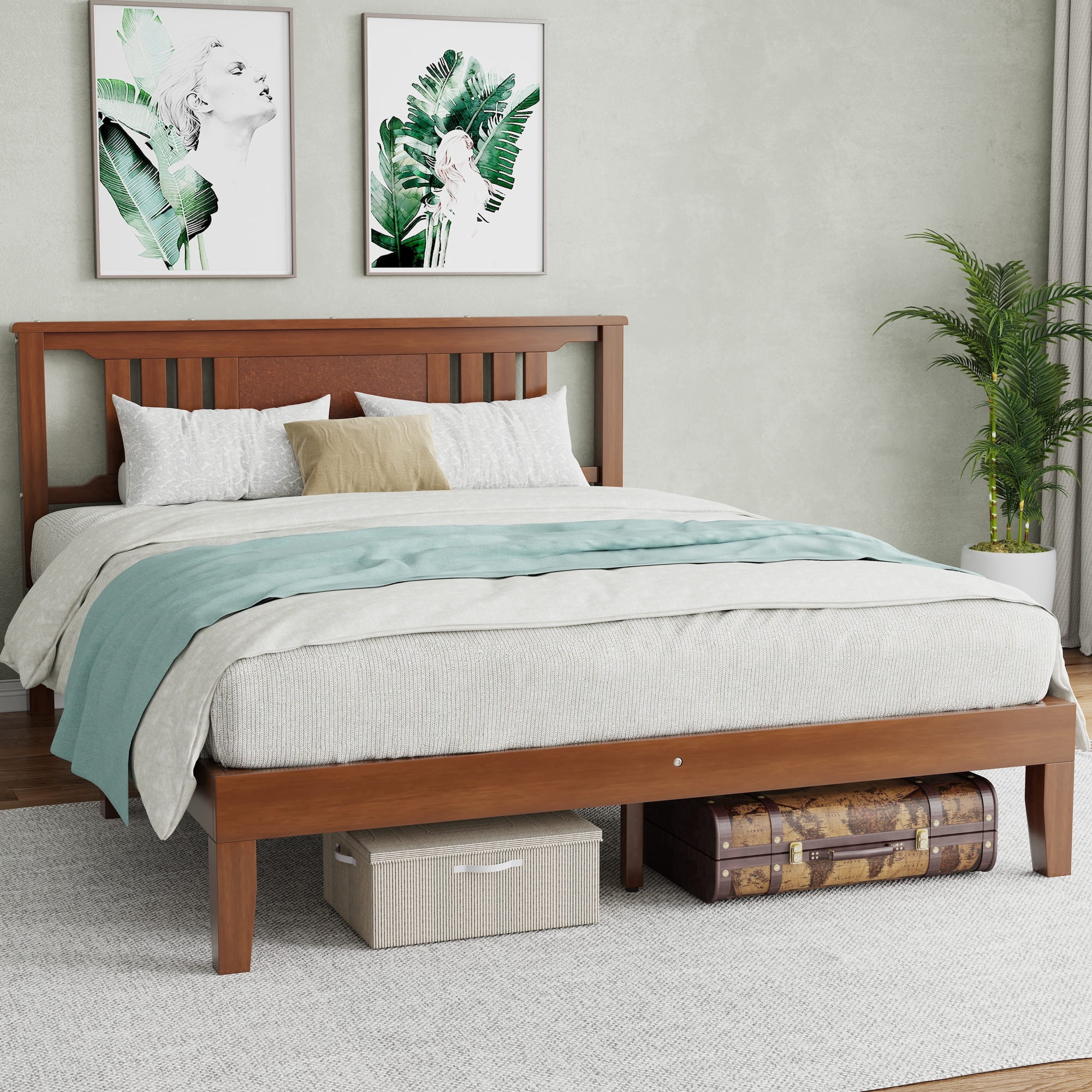 SHOUFTW Full Size Solid Wood Platform Bed with Headboard & 8”underbed storage, No Box Spring Needed, Wood Slat Support, Dark Brown Finish for Modern Bedroom