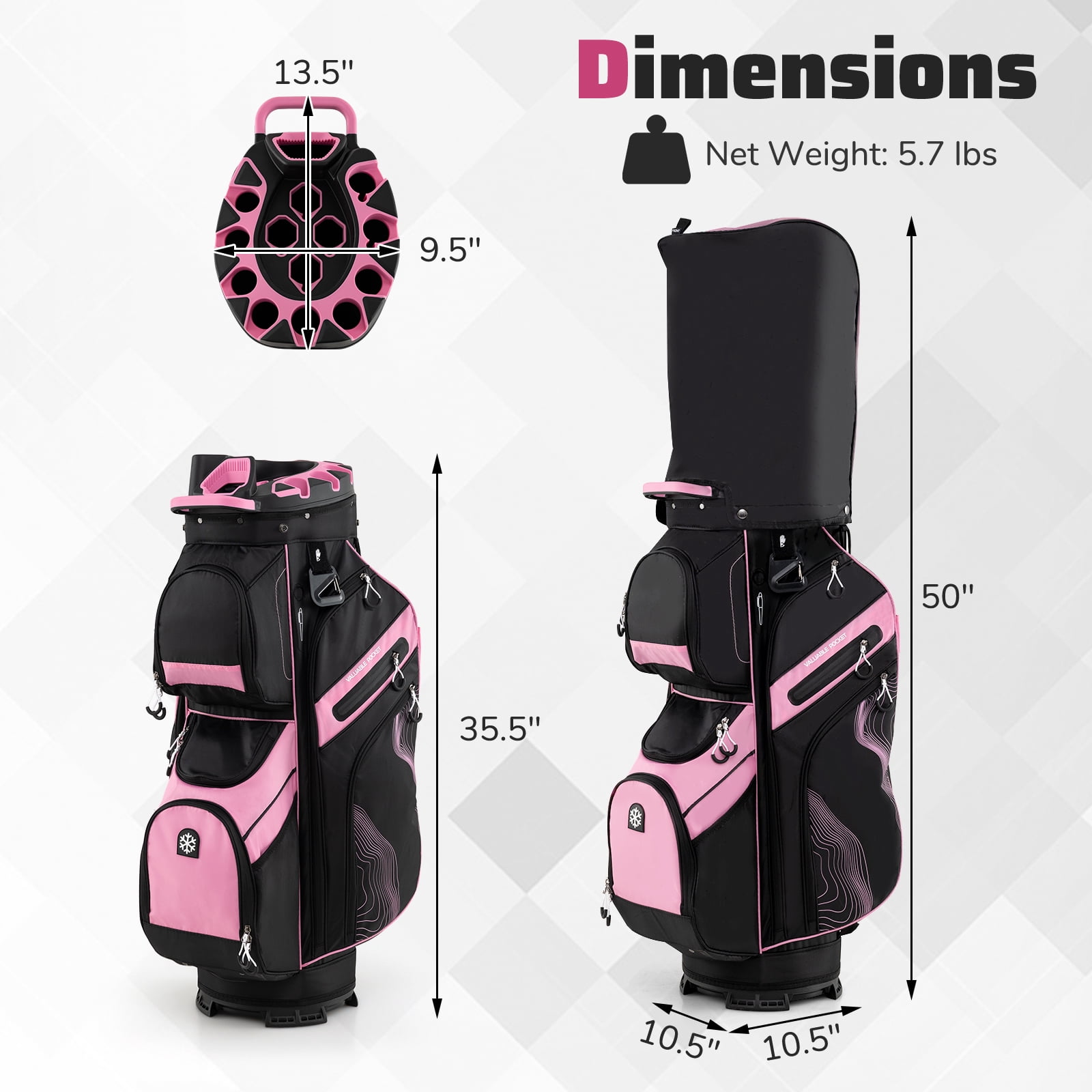 Gymax Golf Cart Bag Molded Lock Top Golf Bag w/14-Way Full Length Dividers 11 Pockets Pink