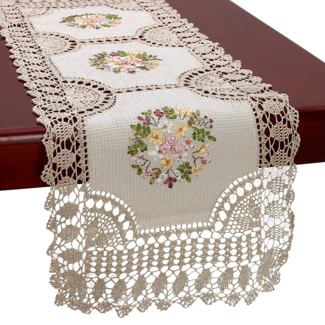 Grelucgo Camino De Mesa De Encaje De Algodón Hecho A Mano, Bufanda, Cinta Bordada, Rectangular, 16X70 Pulgadas