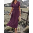 thumbnail image 3 of Women'S V Neck Maxi Dress Casual Vacation Short Sleeve Summer Dress Beach Boho Chic Day Gown Rose Red XS, 3 of 8