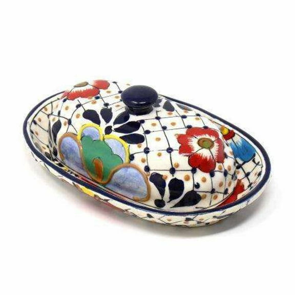 Encantada MC129D Handmade Pottery Butter Dish, Dots & Flowers