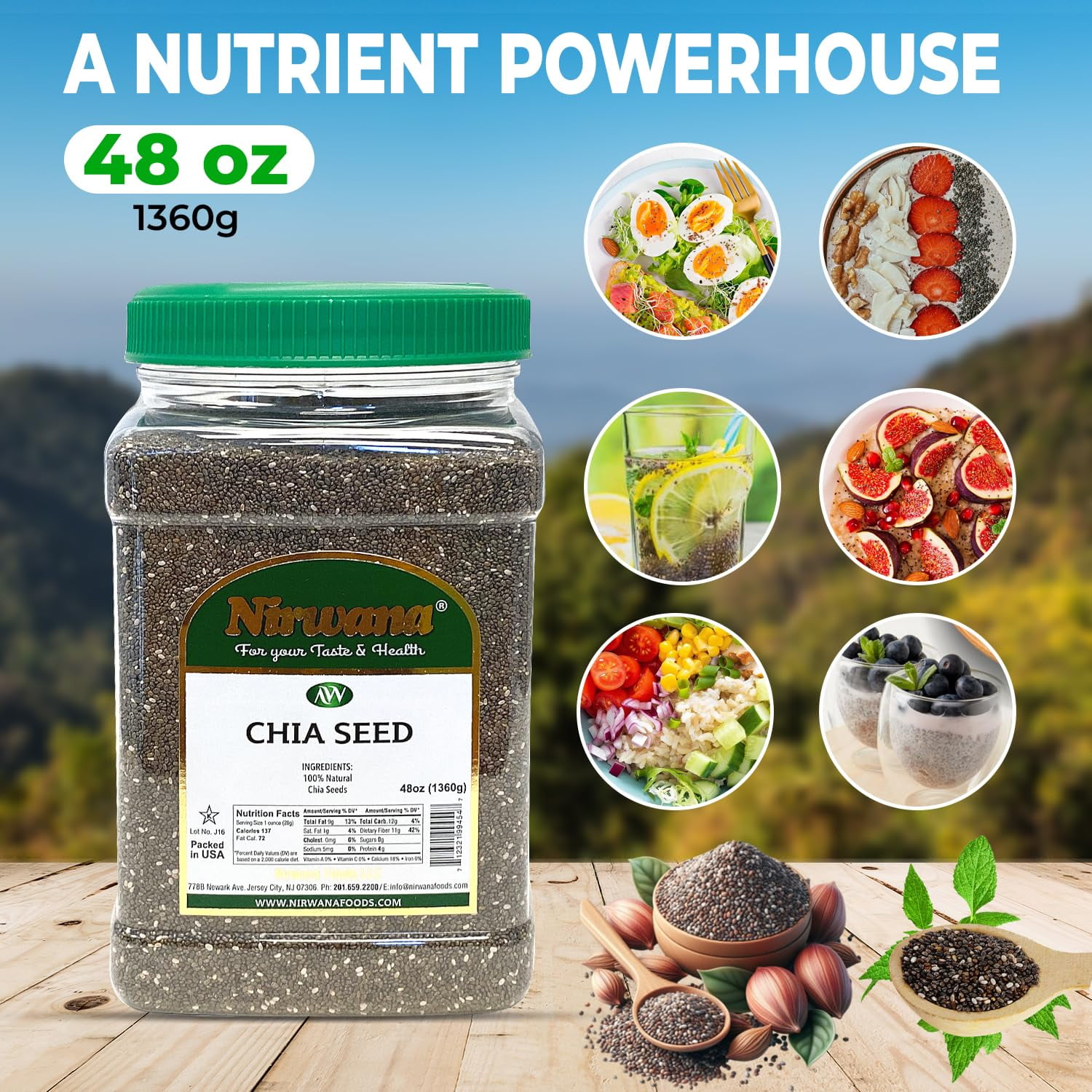 Chia Seeds – Fiber & Protein – Perfect for Smoothies, Oatmeal, Pudding, and Baking – 48 oz Jar