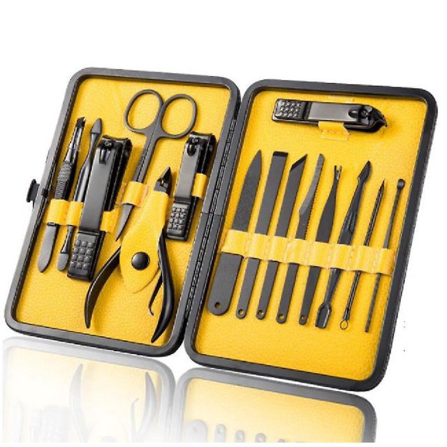 (amarillo) Kit de manicura y pedicura, cortaúñas profesional, recortador de cutículas, kit de manicura de 15 piezas, juego de pedicura para mujeres y hombres con exquisito
