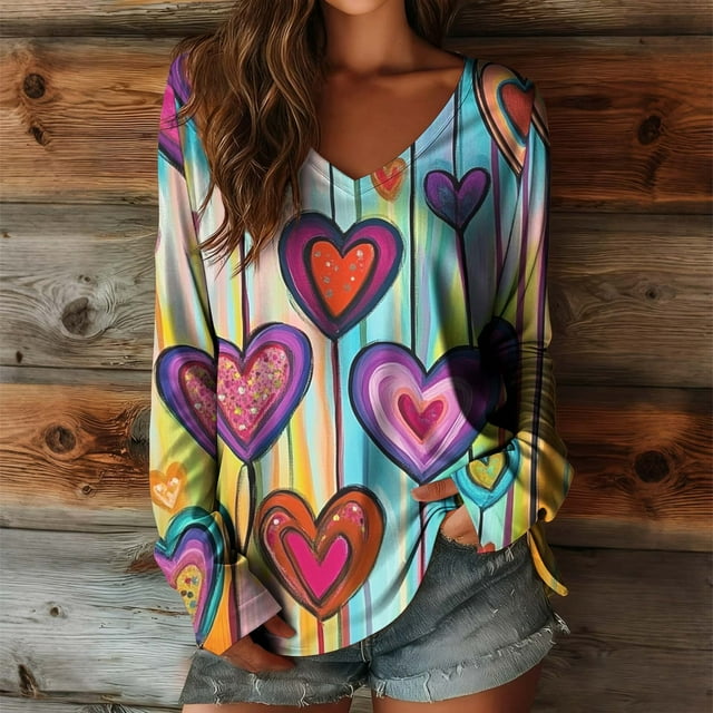 Xuyuer Cute Heart Graphics T-Shirt Women Valentines Shirt Colorful Dye Love Printed V-Neck Short Sleeves Retro Tee Top