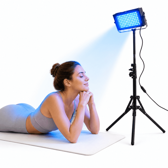 FDA Cleared 96 LED Blue Light Tanning Lamp for Face & Body, Adjustable Floor Tripod Stand, Light Therapy Panel, Tilting Head, Protective Glasses for Home Use