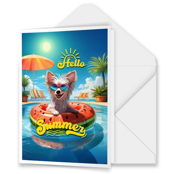 Hello Summer Chinese Crested Pool Day on Watermelon Float 5x7in Folded Greeting Card Dog Lover Single Note Card with Envelope - 13008