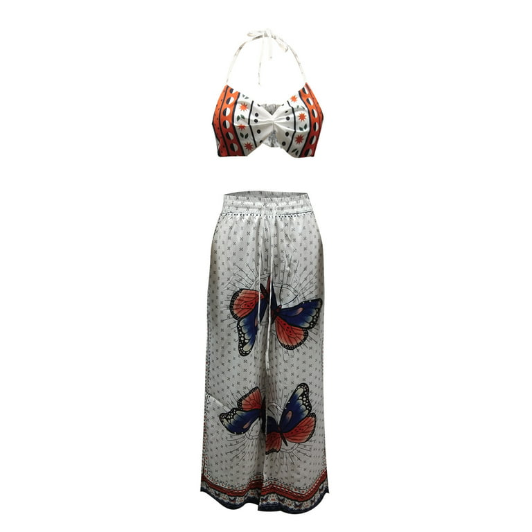 QWANG 2023 New White Women Boho 2 Piece Outfit Sets Bohemian Butterfly  Print Crop Top+Wide Leg Long Palazzo Pants Summer Beachwear 