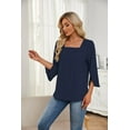 thumbnail image 2 of 3/4 Sleeve Tops for Women Casual Shirt Pleated Square Neck Tunic Blouse Dressy Split sleeve Loose T Shirts(Navy S), 2 of 6