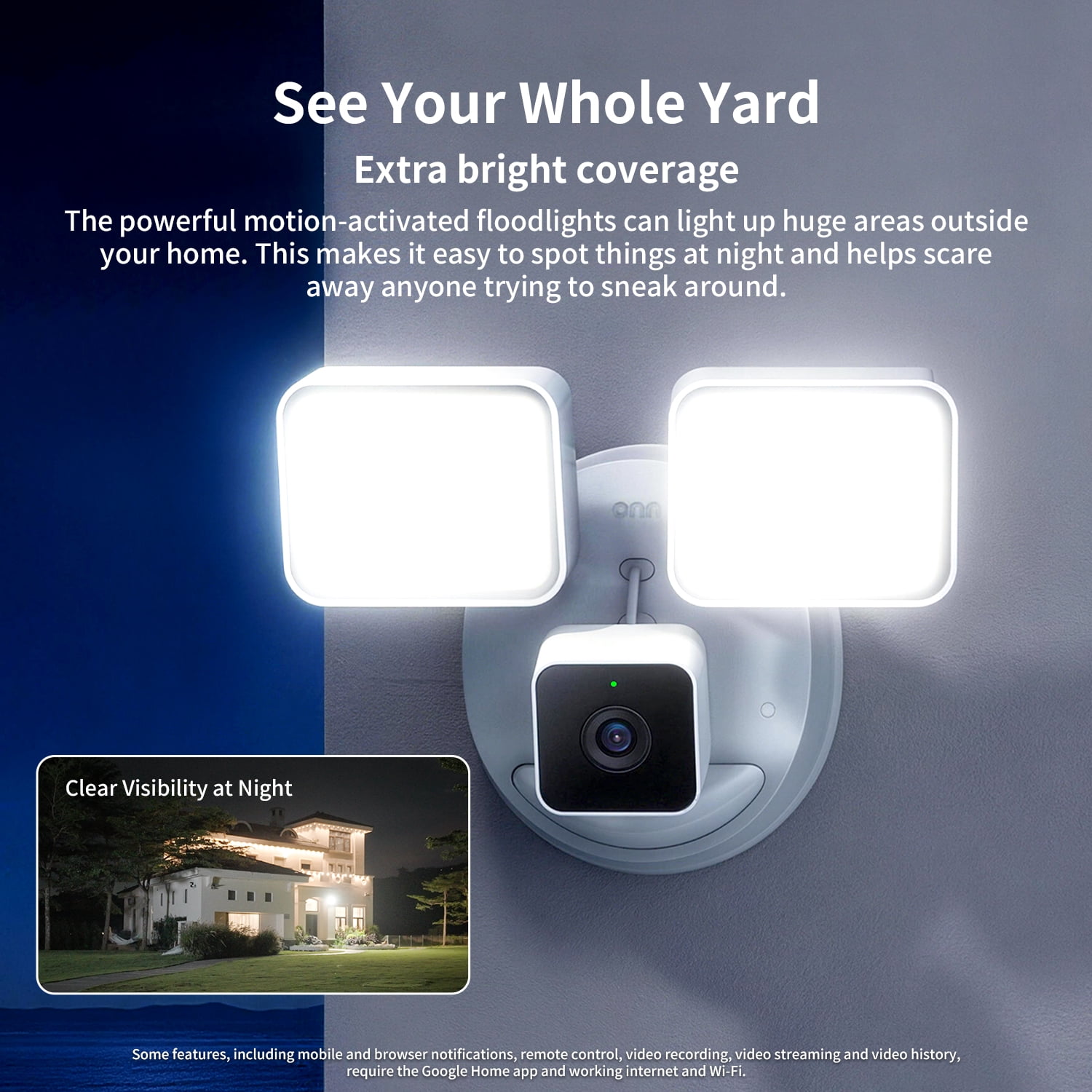 onn Outdoor Floodlight Camera Hardwired , 1080p HDR Video | with Google Home and Gemini – Search Video History, Event Descriptions