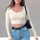 thumbnail image 2 of Top ajustado con cuello redondo para mujer camisas elásticas de Color sólido Tops traje de calle sexi, 2 of 7