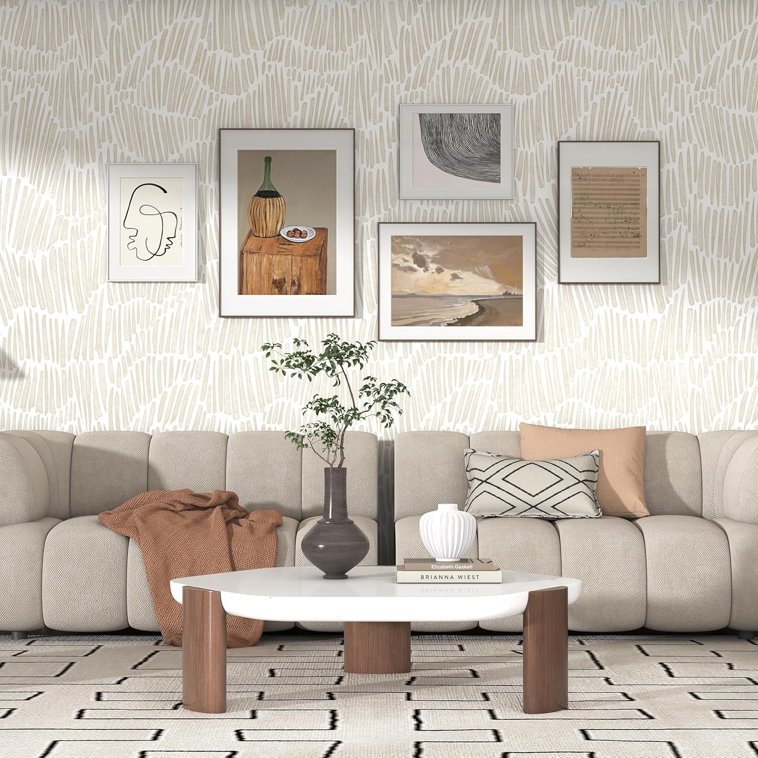 Beige Wallpaper 17.3"×393" Modern Striped Wallpapers Peel and Stick Wallpaper Vinyl Removable Self Adhesive Wallpaper for Bedroom Waterproof Wall Paper White and Gold Contact Paper