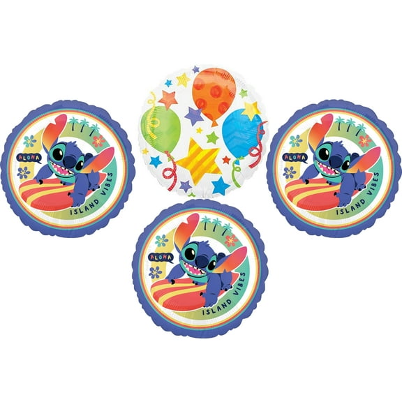 Anagram Stitch (3) 17" Birthday Party Foil Balloon Decorations and (1) 18" White Jubilee Mylar