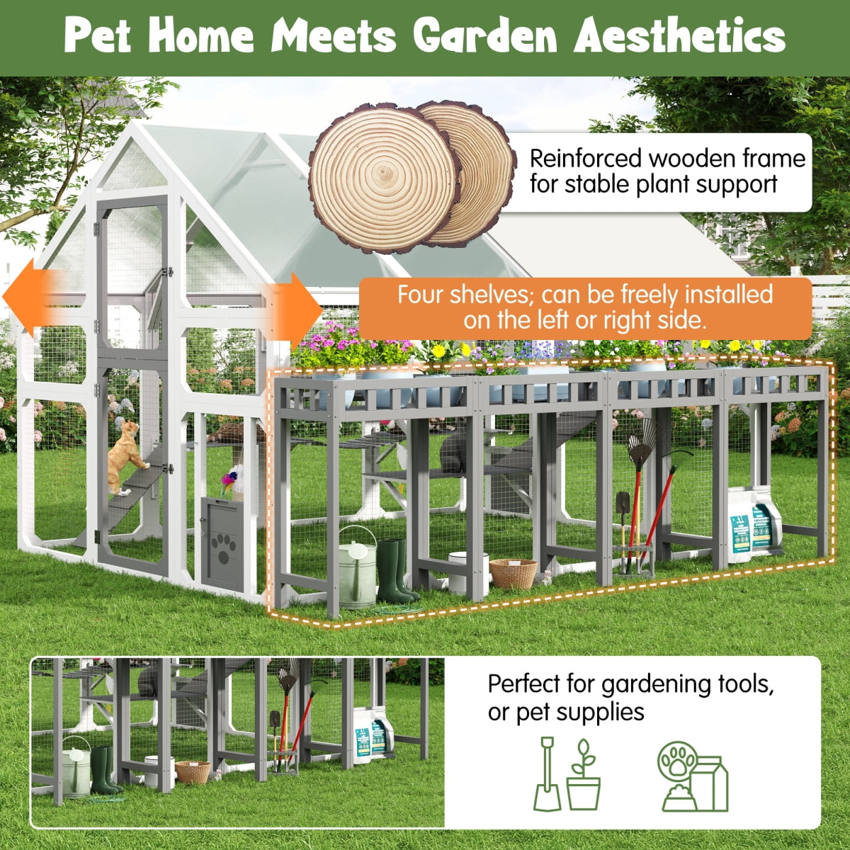 LuckyNote Large Outdoor Cat House with Planter Stand, Wooden Cat Enclosure with Resting Boxes, Hanging Bridge, Platforms, Walk-In Catio with Waterproof Cover