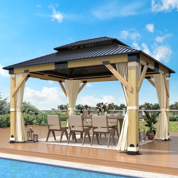 GARTOO 11 x 13 ft. Patio Cedar Wood Gazebo, Double Metal Roof Hardtop Wooden Gazebos with Curtains and Netting for Backyard, Deck, Lawns