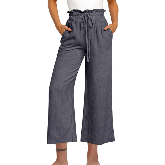 AherBiu Linen Pants Women High Waisted Wide Leg Slacks Relaxed Fitted Fall Cropped Trousers with Pockets