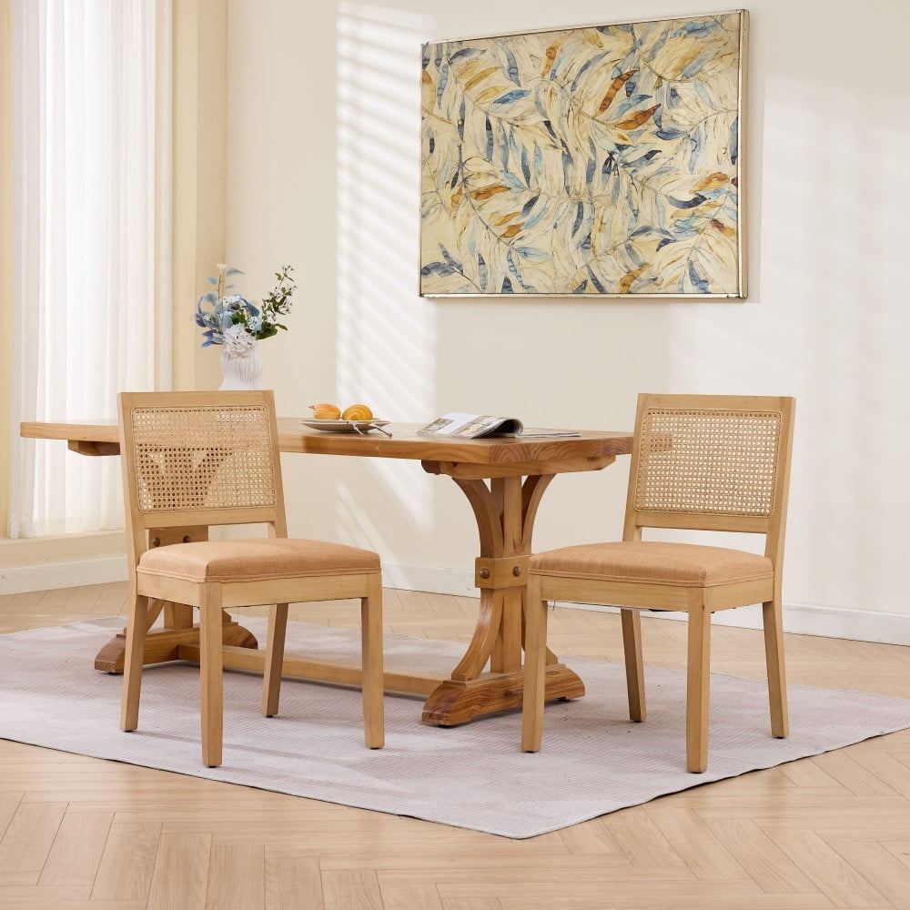 Rattan Dining Chairs Set of 2, Farmhouse Mid Century Modern Kitchen Chairs with Cane Backrest, Linen Upholstered Seat, Solid Wood Frame, Tan