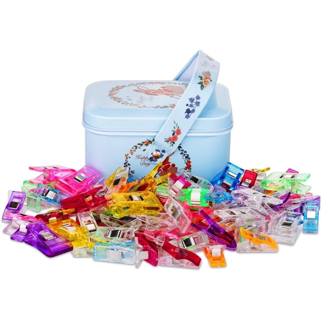 CampTek Paquete de 100 clips de tela de costura con caja de hojalata, nociones de costura para coser suministros de acolchado, accesorios de herramientas de manualidades, trabajos de papel, colores su