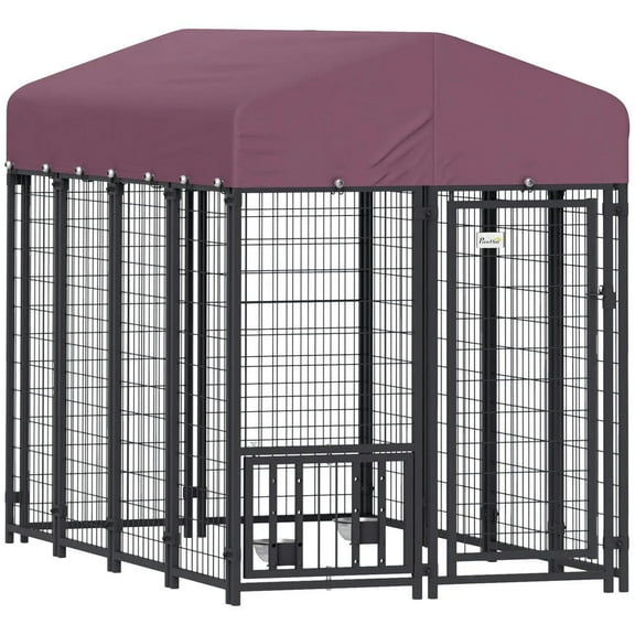 Spaco 7.9' x 4' x 6' Welded Wire Dog Kennel with 360° Rotating & 4 Levels Adjustable Bowls, Waterproof Cover, Red