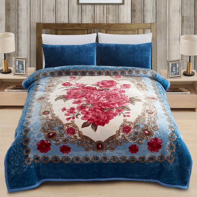 JML Couverture en Molleton Peluche Douce pour Lit Grand 75"x87 Pouces 5 Lb, Couverture Raschel 2 Plis Fleur Bleue