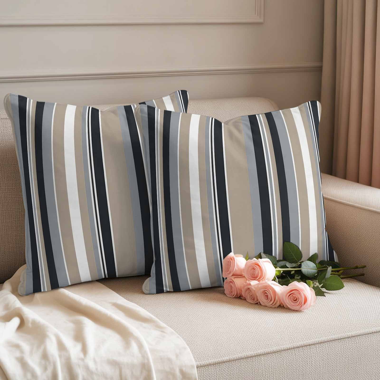 Black Grey Brown Striped Outdoor Waterproof Pillow Covers, Modern Stripes Art Farmhouse Decorative Square Throw Pillowcase Sofa Cushion Sham for Patio/Couch/Chair, 18"x18" 2 Pack
