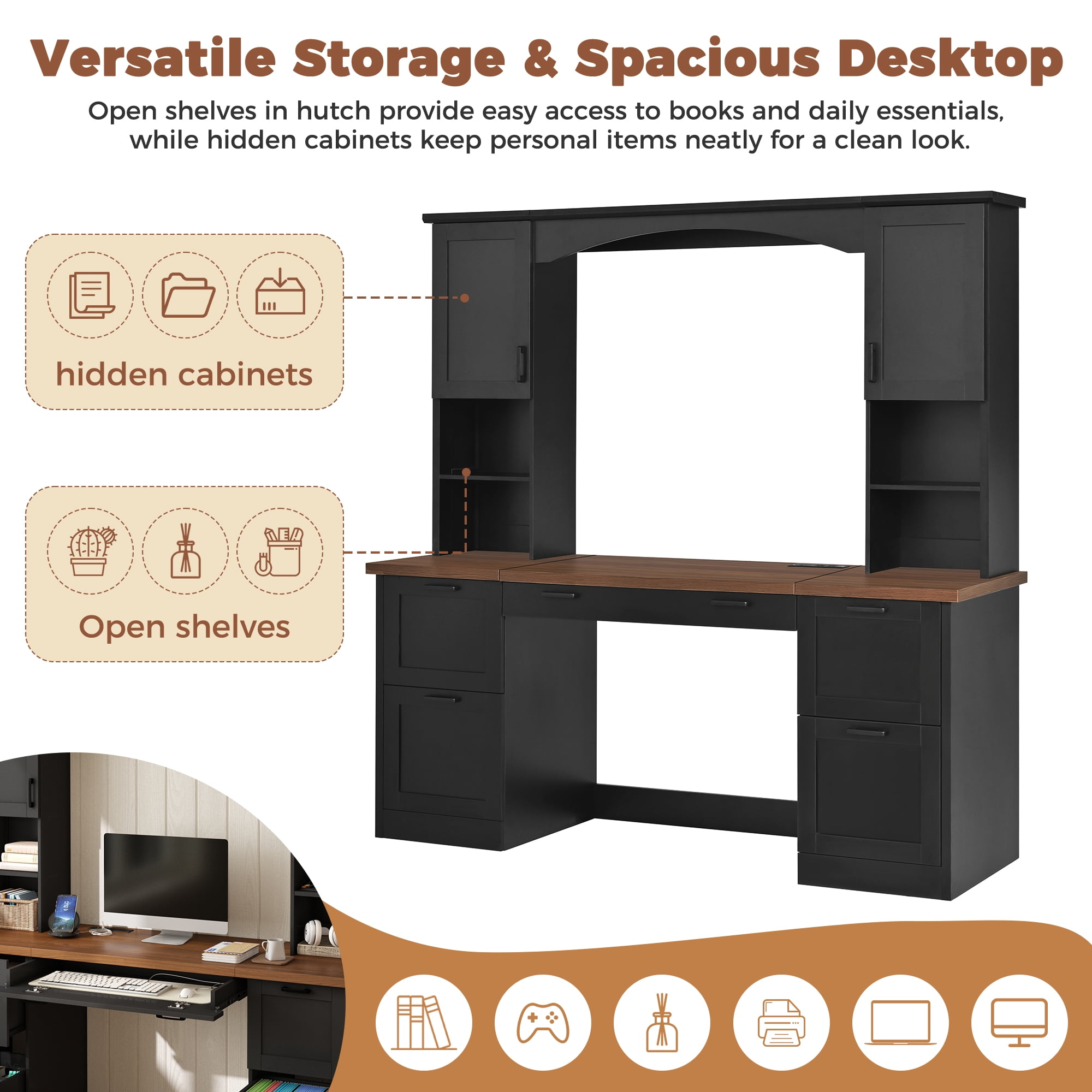Mintazer 67.5" Farmhouse Arched Computer Desk with Hutch & File Drawer, Home Office Workstation with Charging Station & Keyboard Tray for Study Office, Black