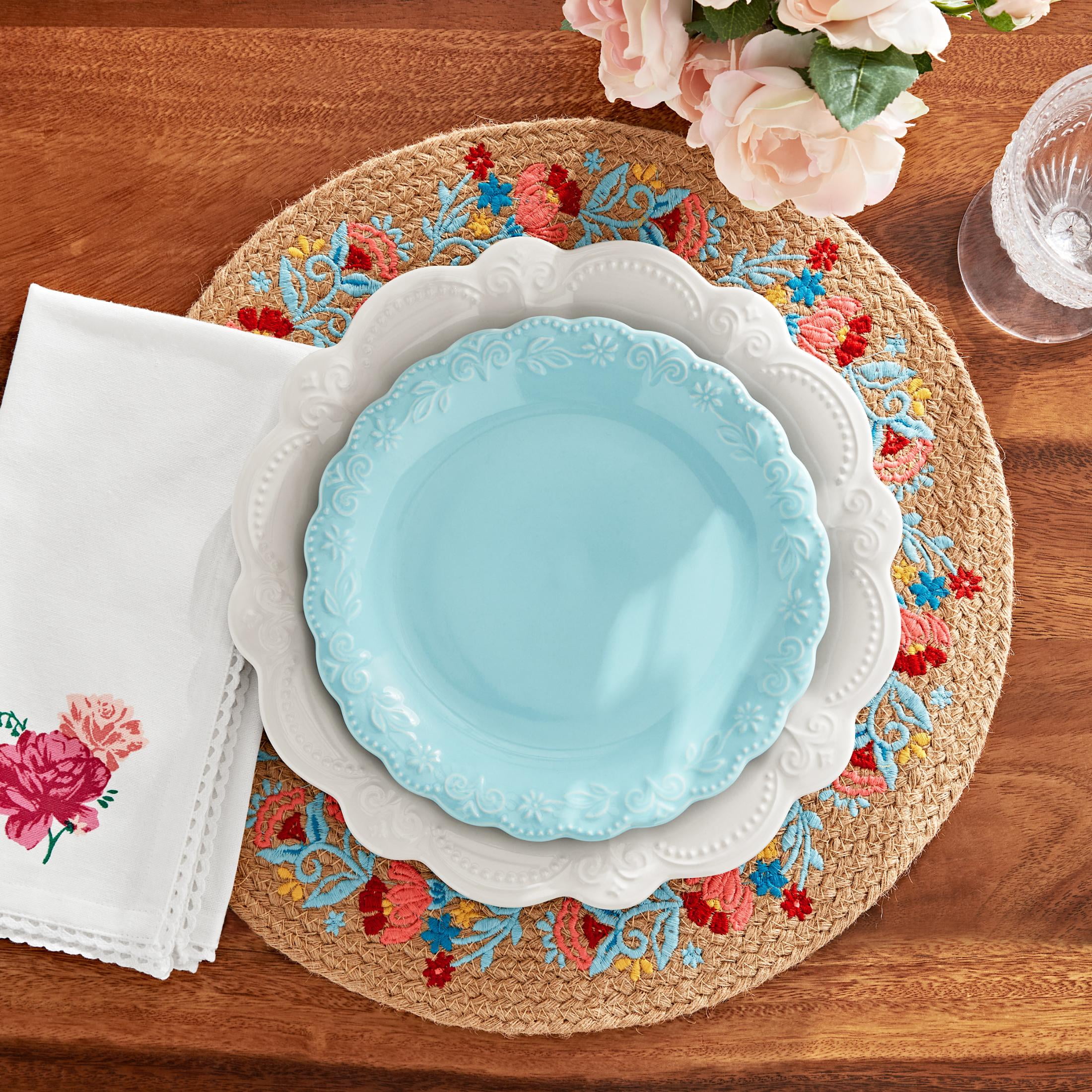 The Pioneer Woman Sweet Rose Embroidered Jute Round Placemat, Multicolor, 15"