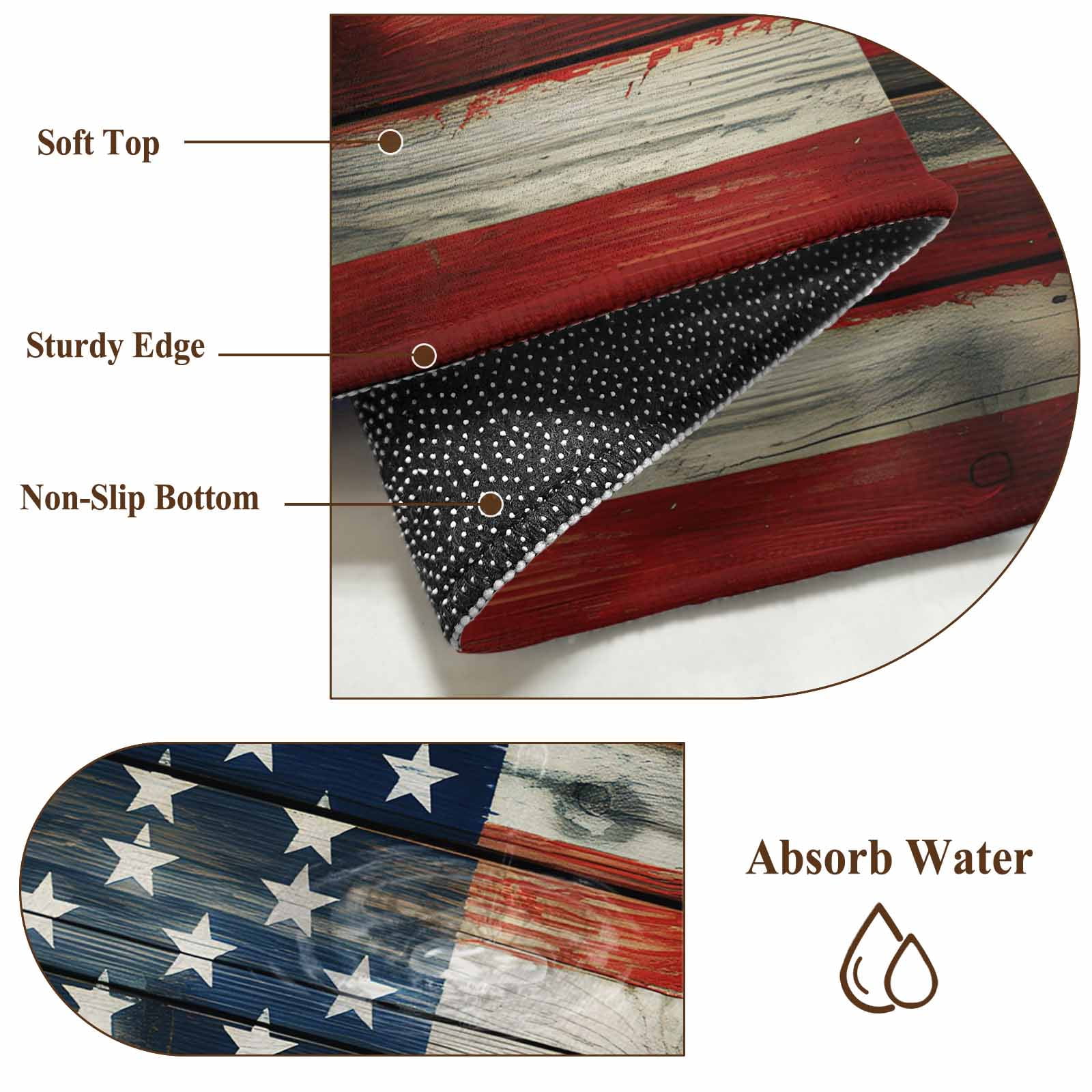 Vintage American Flag Area Rugs 5'x7', Washable Small Throw Rugs for Laundry Room Playroom, Retro USA Flags Wooden Indoor Outdoor Rug Non-Slip Low Pile Carpet Runner Reversible Floor Mats