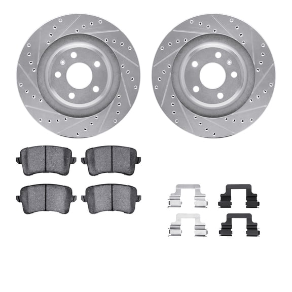 Dynamic Friction Company Rear Brake Rotors-Drilled and Slotted-Silver with 5000 Euro Ceramic Brake Pads includes Hardware 7612-73056