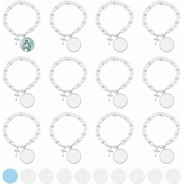 12 juegos de pulseras de rosario de sublimación en blanco para bautismo, con cuentas de rosario de perlas de imitación, pulseras con foto conmemorativa con cabujones de transferencia de calor.