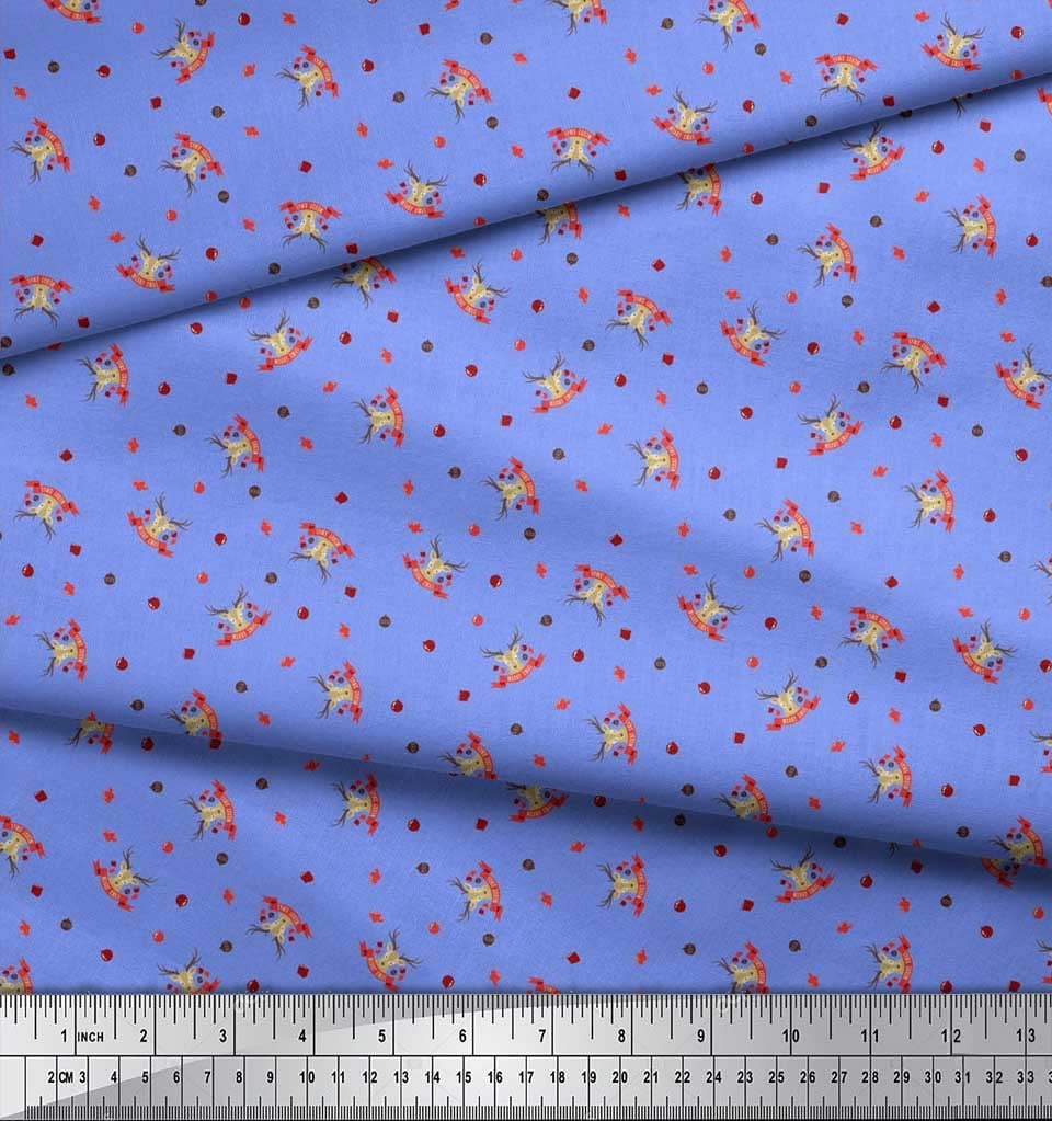 Soimoi Blue Cotton Voile Fabric Reindeer Face & Baubles Christmas Printed Fabric 1 Yard 56 Inch Wide