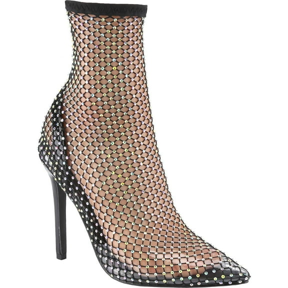 Women's Rhinestone Mesh Pointed Toe Stiletto Heel Ankle Boots Sparkly See-Through Party Booties