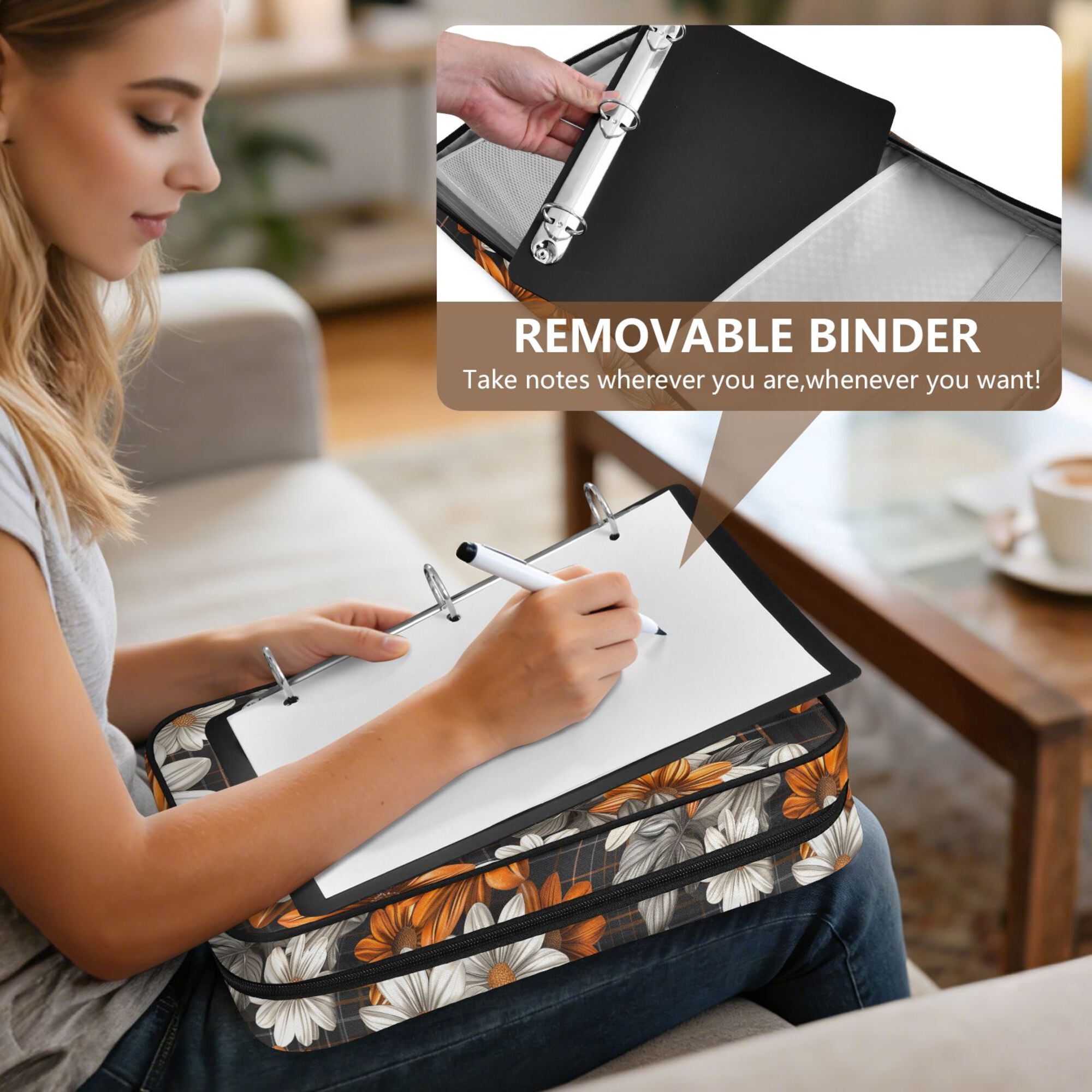 FORMRS Accordion File Folder A4 Size 7-Pocket Expanding Document Organizer Bag with 3 Ring Binder, Black Plaid Floral