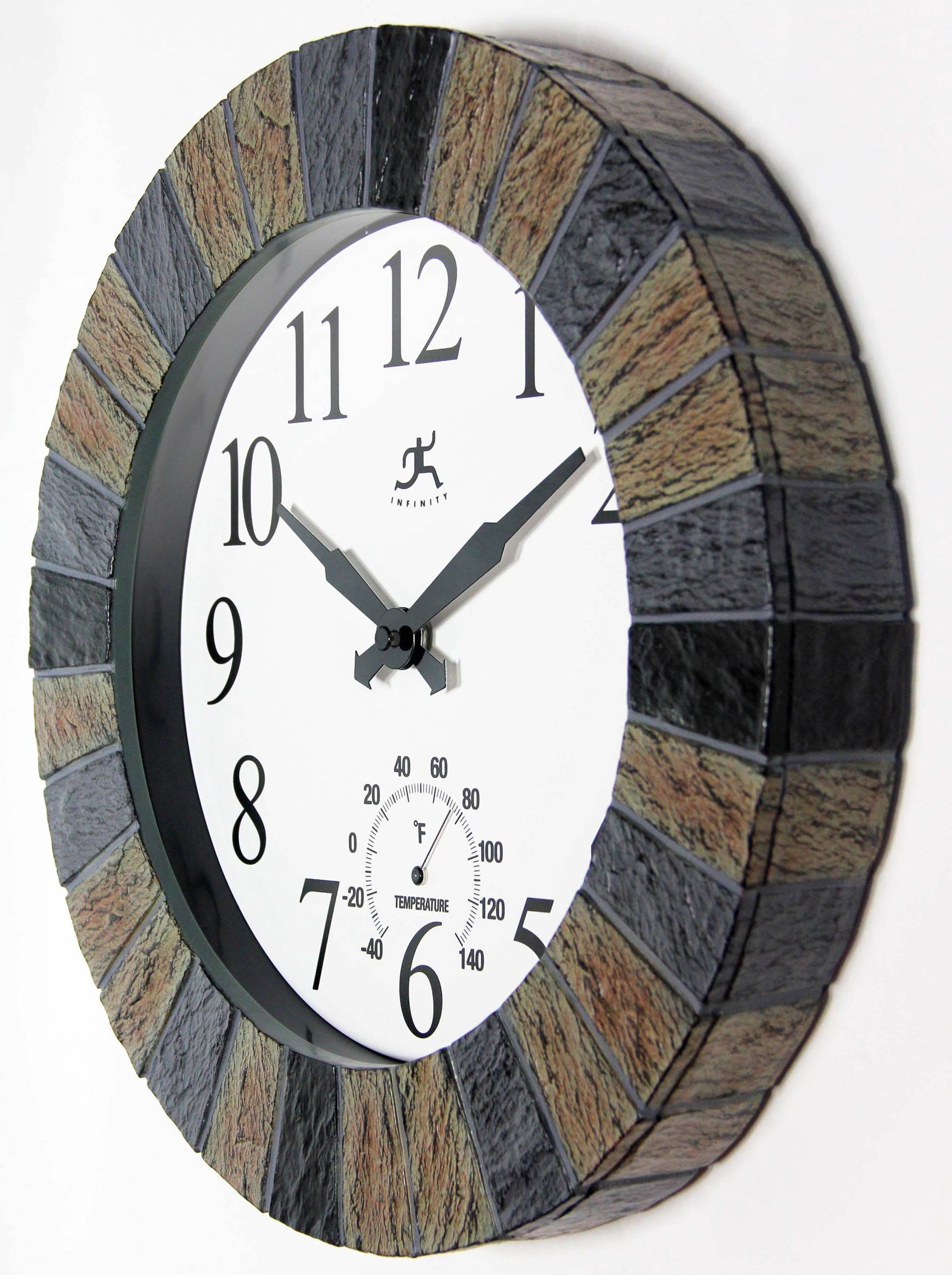 Infinity Instruments 13-inch x 13-inch Indoor/Outdoor Faux Dark Slate Multicolor Wall Clock 2 with Thermometer