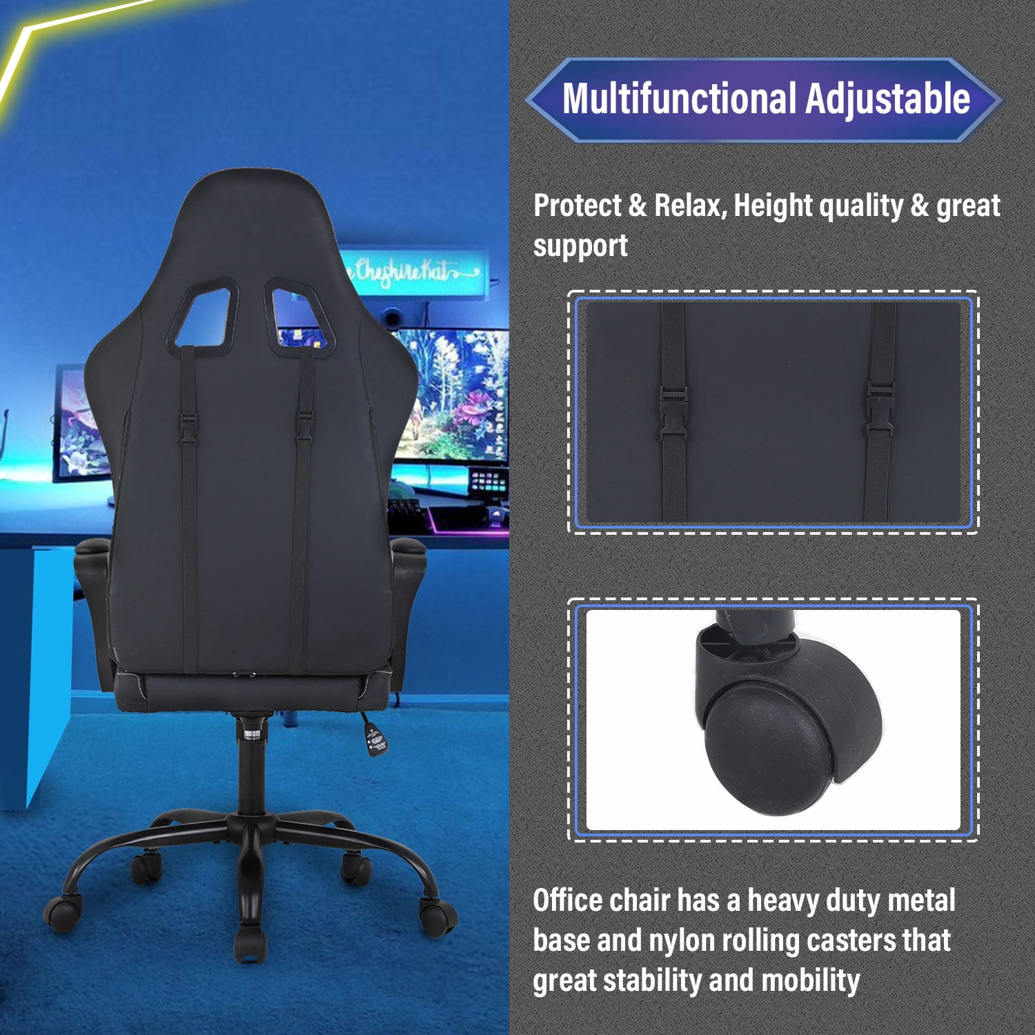 Furniture of America Blitz Faux Leather Gaming Chair, Black and White