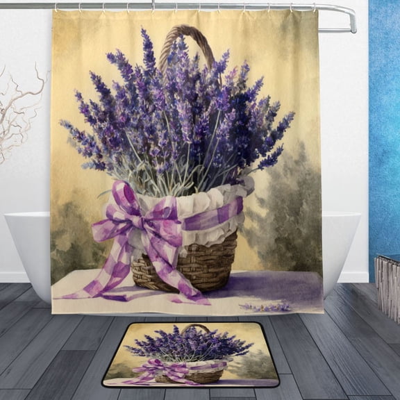 TTYFWHD 60" x 72" Shower Curtain and Bath Mat Set A Basket Of Purple Lavender Waterproof Bathroom Curtain with 12 Hooks, Bathroom Decor Set
