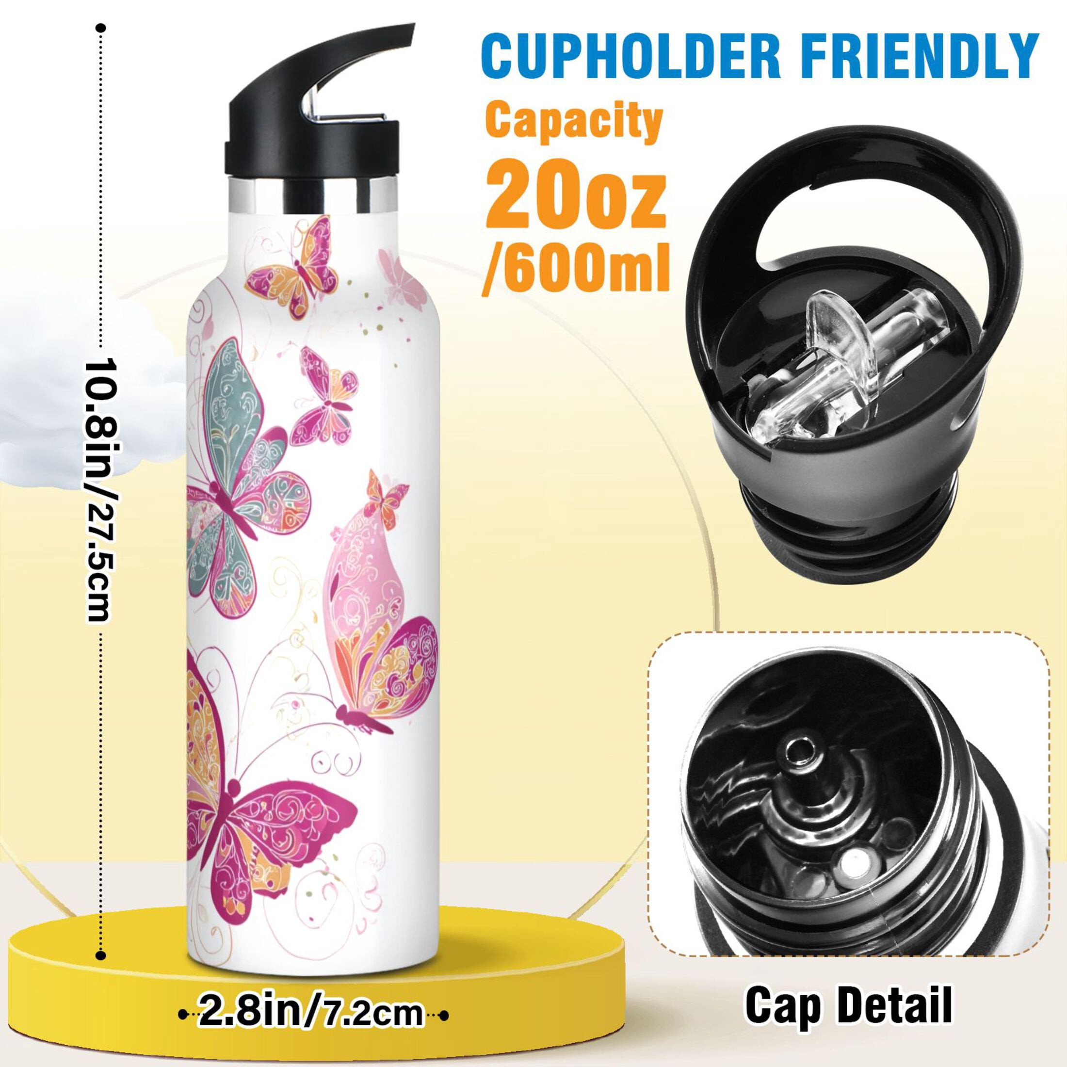 Kids Insulated Stainless Steel Sports Water Bottle 600ml (20oz) Colorful Butterflies