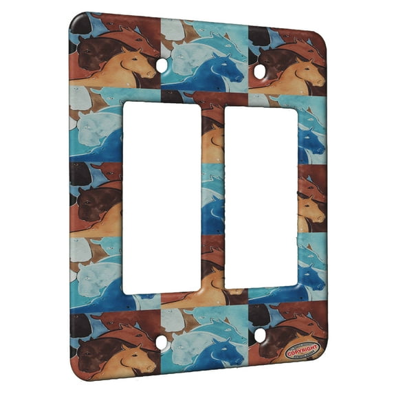KuzmarK™ 2 Gang Rocker Wall Plate - Five Horses in Earth Tones Abstract Horse Pattern Art by Denise Every