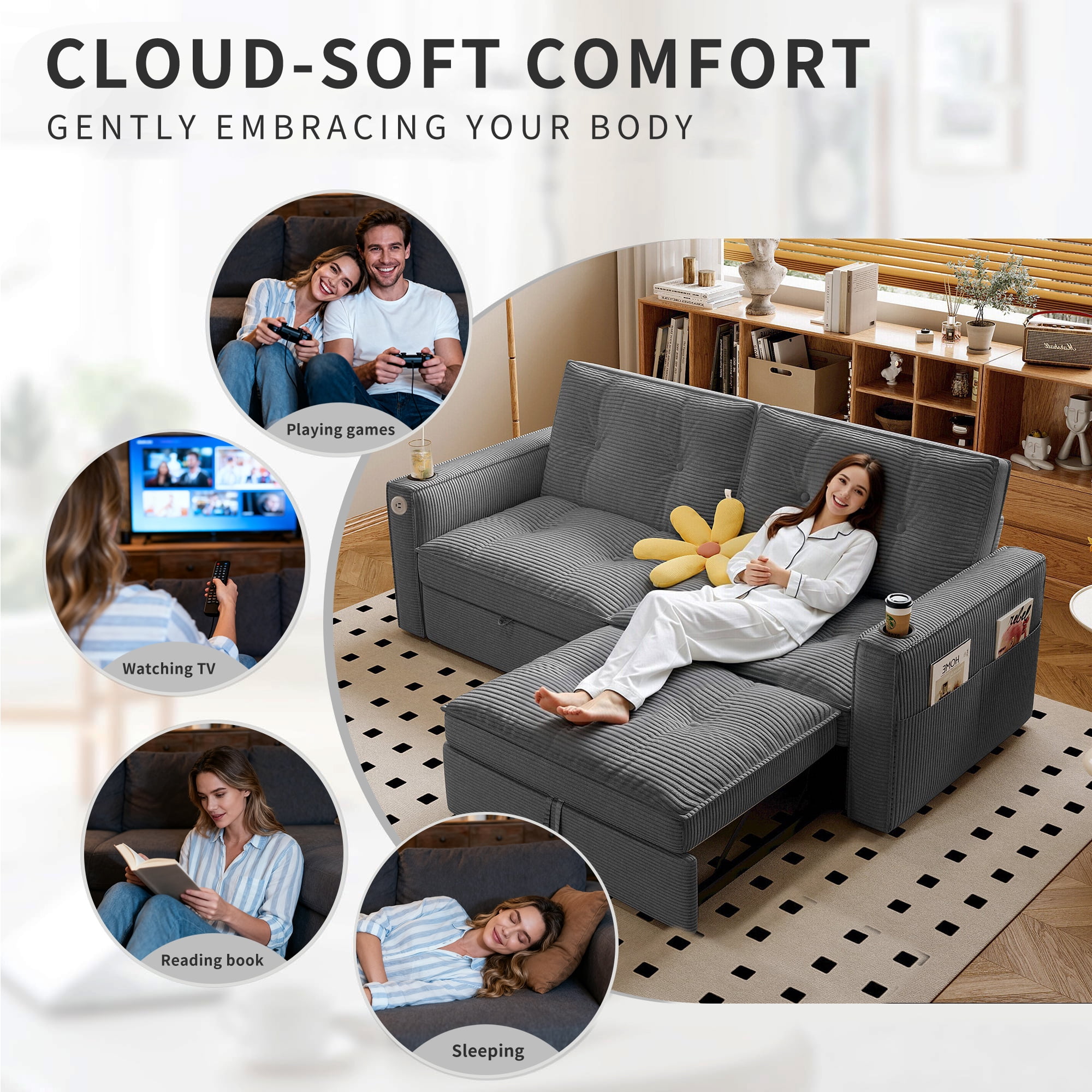 3-in-1 Multi-Functional Sleeper Sofa Bed, Upholstered Corduroy Convertible Loveseat Lounge, Indoor Daybed for Living Rooms/Bedrooms
