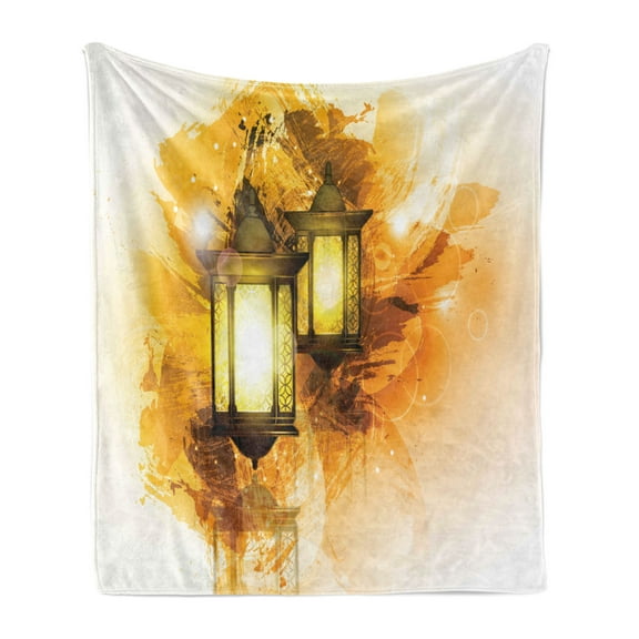 Orient Soft Flannel Fleece Throw Blanket, Urban Old Fashioned Lanterns Antique Culture Paintbrush Image, Cozy Plush for Indoor and Outdoor Use, 50" x 70", Pale Coffee, by Ambesonne