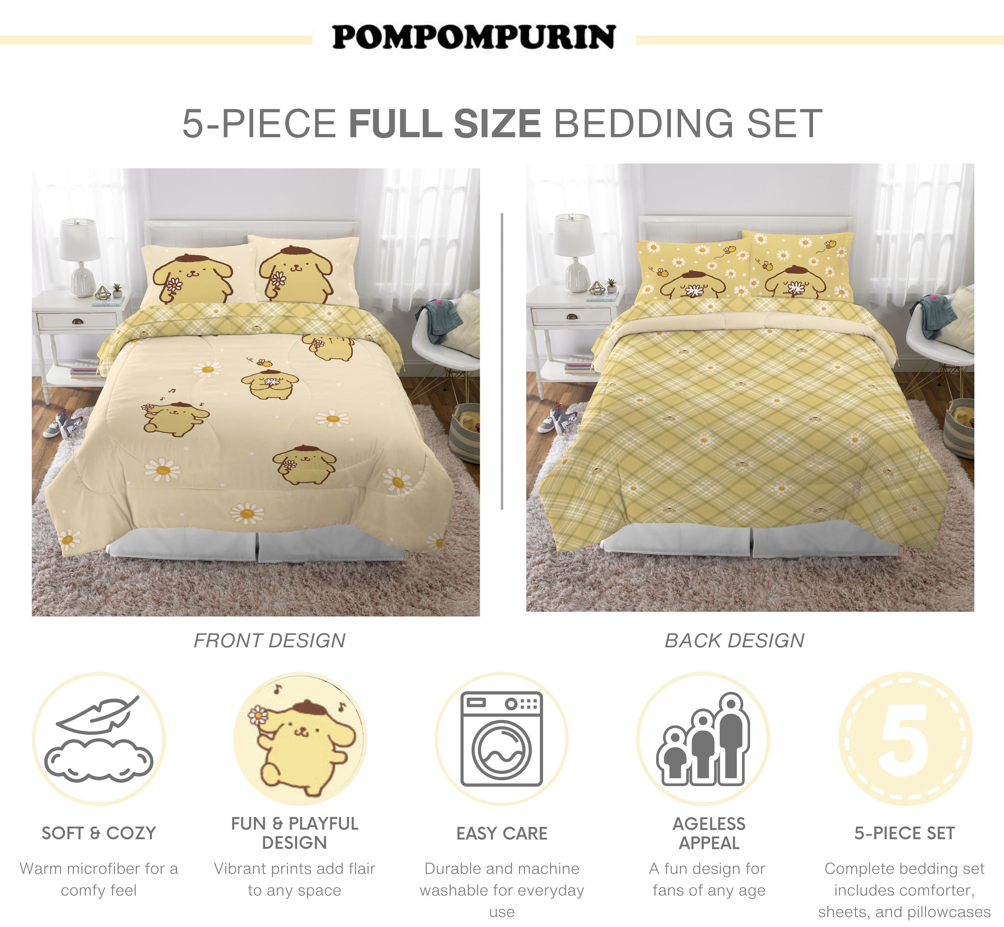 Pompompurin 5 Piece Yellow Gingham Print Reversible Comforter, Pillowcase, and Sheet Set, Full, Sanrio