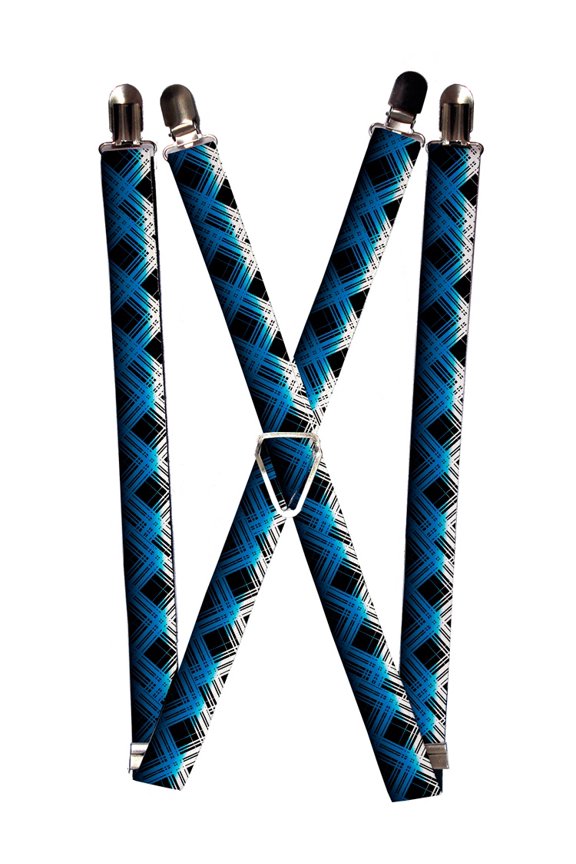 Black Blue White Large Diagonal Plaid Pattern Suspenders