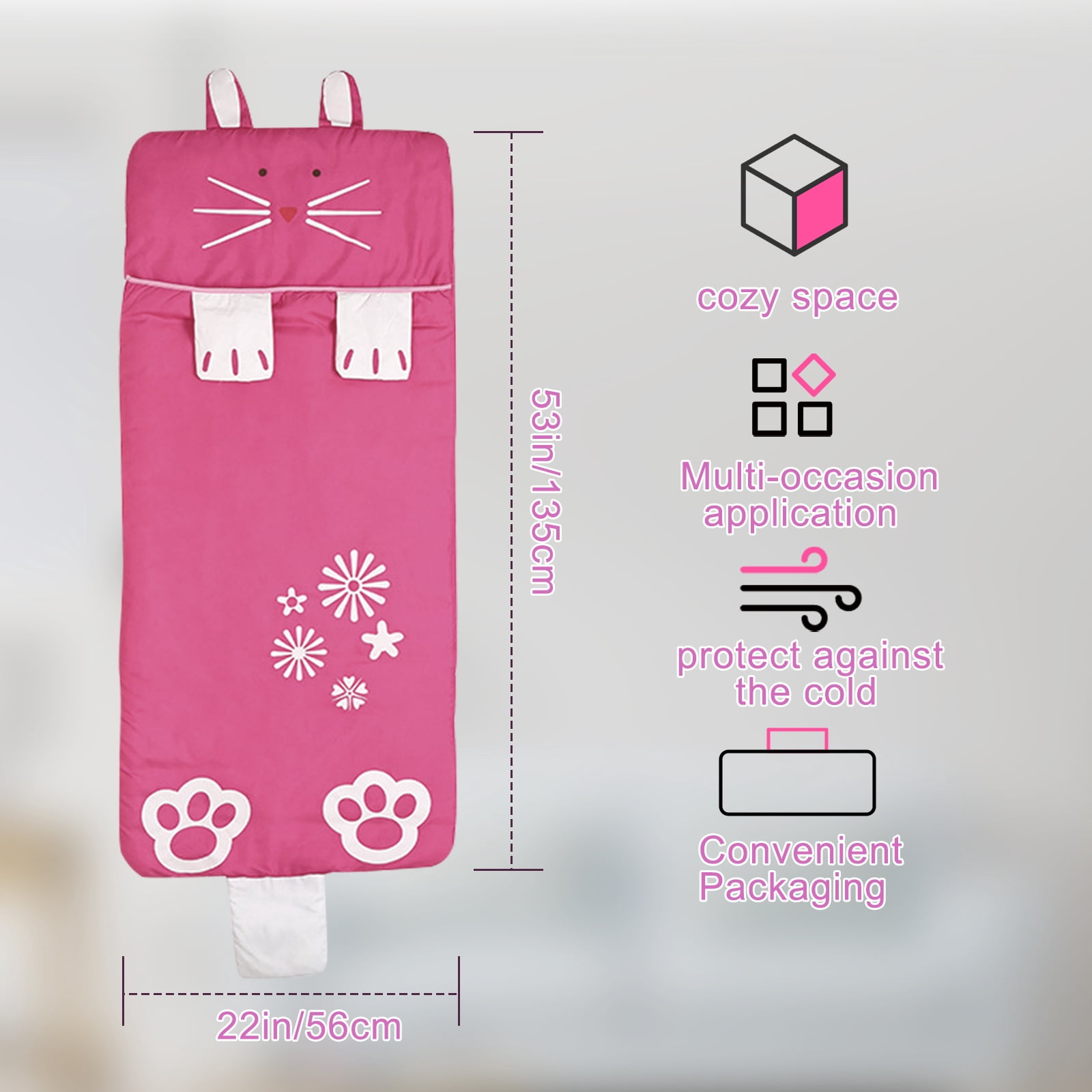 KKL Kids Sleeping Bag, Cartoon Animal Zipper Closure Folding Winter Warm Sleep Sack for Girls Boys,  63" x 24" Pink