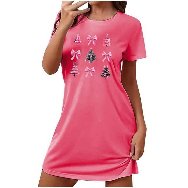Sakmal Grande Taille Moomoo Chemises de Nuit pour Femmes Robe de Nuit de Noël Rose Ludique comme un Nuage Imprimé d'Arbres de Noël Courte Col Rond Manches Courtes Chemises de Nuit P-2TG