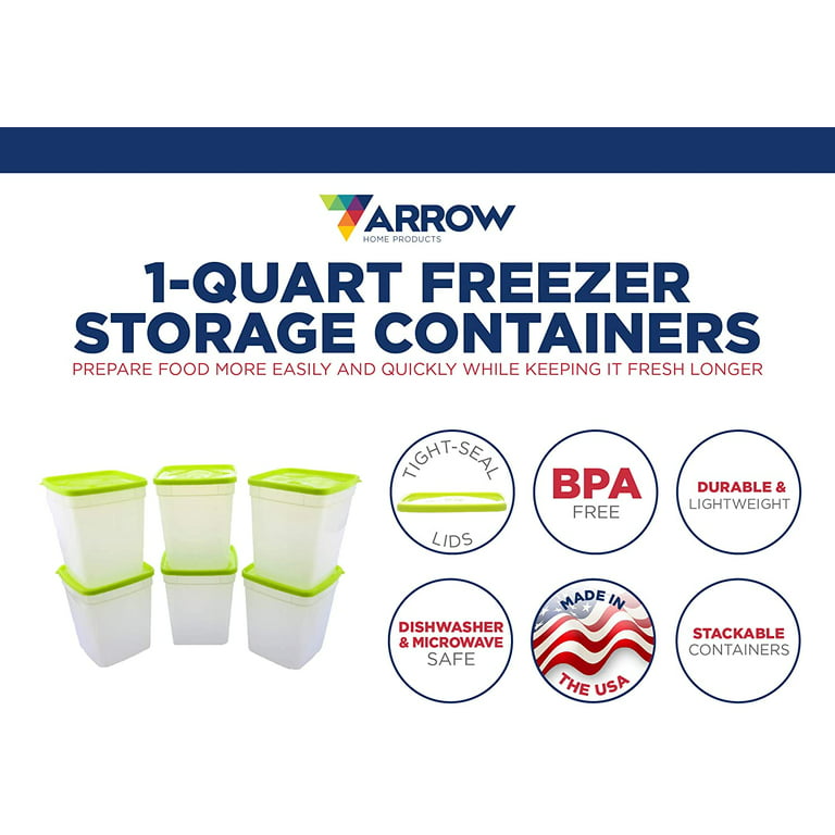  Arrow Home Products 1 Quart Freezer Food Storage Containers  with Lids, 6 Pack - USA Made Reusable Freezer Containers for Food Storage -  Prep, Store, Freeze - BPA Free, Dishwasher Safe